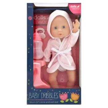 Dolls World fürdethető baba fürdőköpenyben dobozban cumisüveggel és bilivel - KP JÁTÉK
