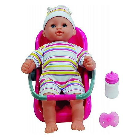 Alvós szemű játékbaba babaülésben 16 babahanggal - 30 cm (49492)